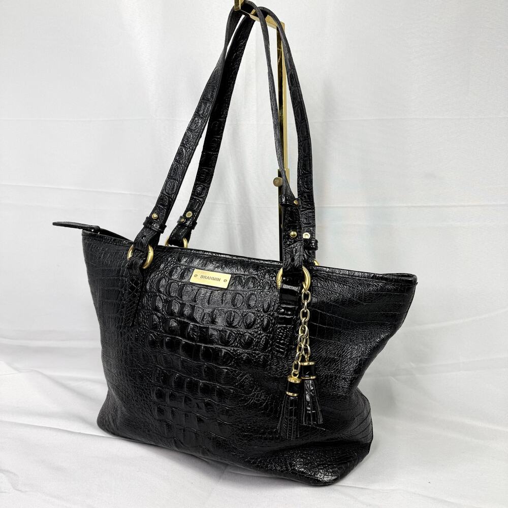 Brahmin Black Croc Embossed Leather Tote Bag Gold Tassel Shoulder Purse - Picture 2 of 16